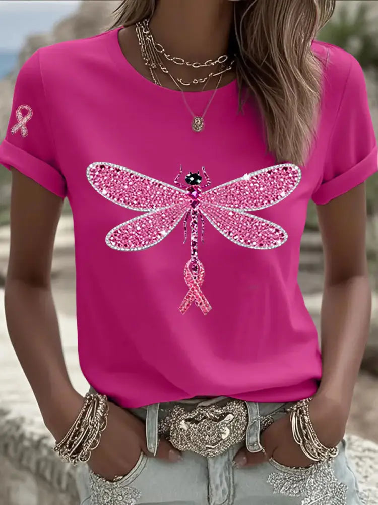 Women’s Pink Ribbon Print Casual T shirt Rose Red / S