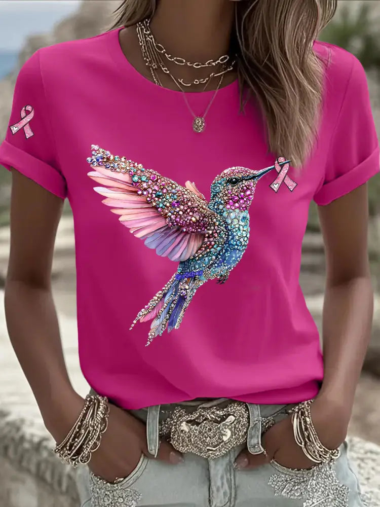 Women’s Pink Ribbon Print Casual T shirt Rose Red / S