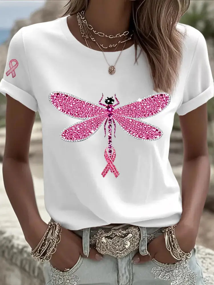 Women’s Pink Ribbon Print Casual T shirt White / S