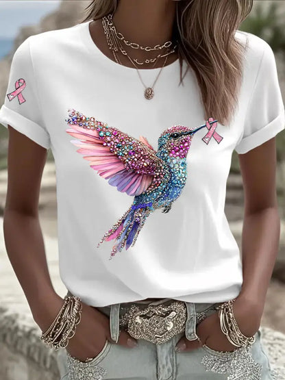 Women’s Pink Ribbon Print Casual T shirt White / S