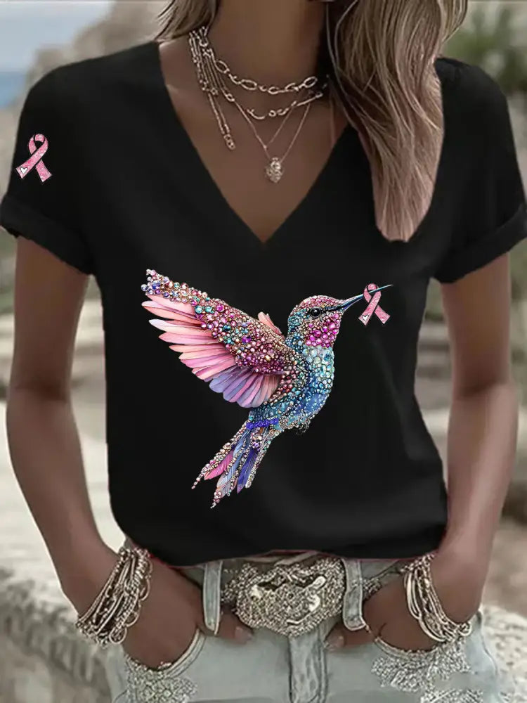 Women’s Pink Ribbon Print Casual V Neck T Shirt Black / S