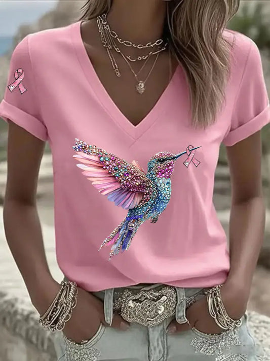 Women’s Pink Ribbon Print Casual V Neck T Shirt Pink / S