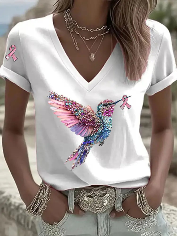 Women’s Pink Ribbon Print Casual V Neck T Shirt White / S