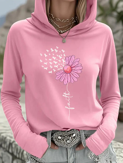 Women’s Pink Ribbon Sunflower Faith Breast Cancer Awareness Support Hooded Top Pink / S
