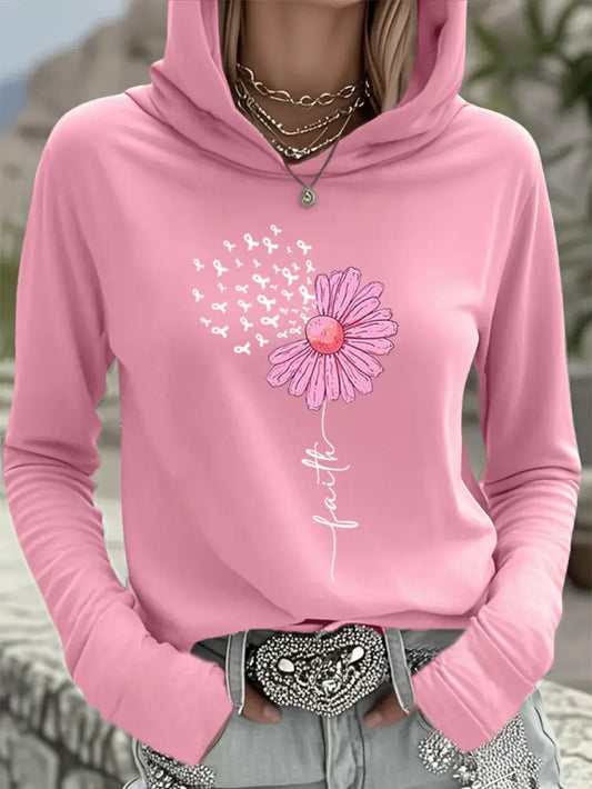 Women’s Pink Ribbon Sunflower Faith Breast Cancer Awareness Support Hooded Top Pink / S