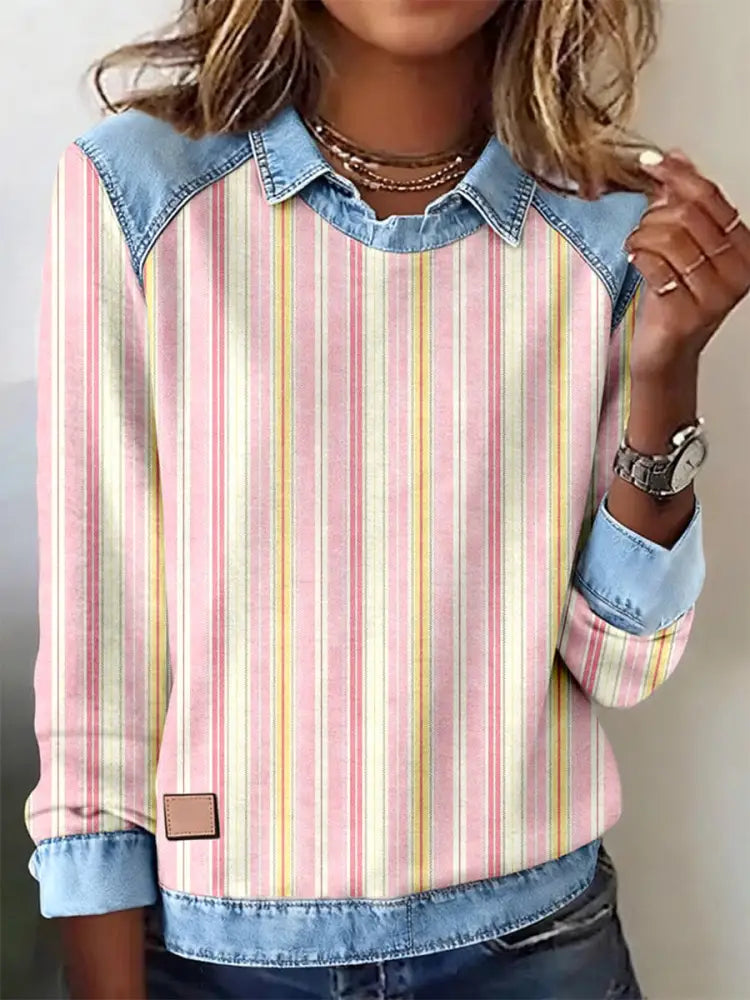 Women’s Pink Striped Pattern Patchwork Art Sweatshirt As picture / S