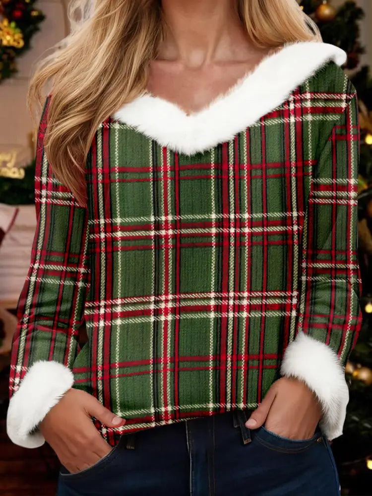 Women’s Plaid Christmas V-Neck Tops As picture / S