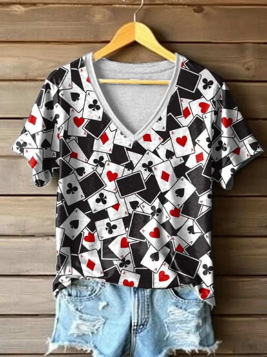 Women’s Poker Cards Art Print V-Neck T-Shirt As picture / S