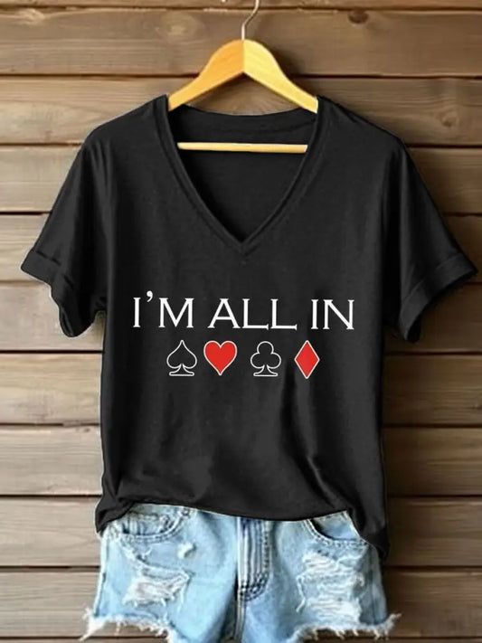 Women’s Poker Cards Art Print V-Neck T-Shirt Black / S