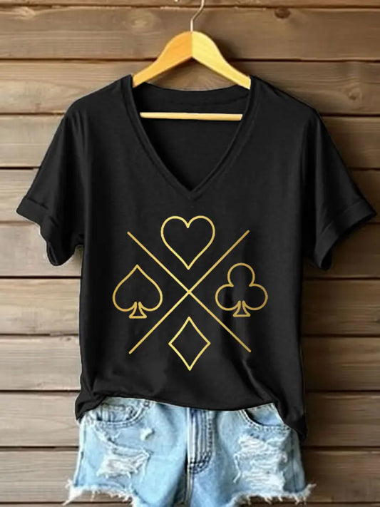 Women’s Poker Cards Art Print V-Neck T-Shirt Black / S