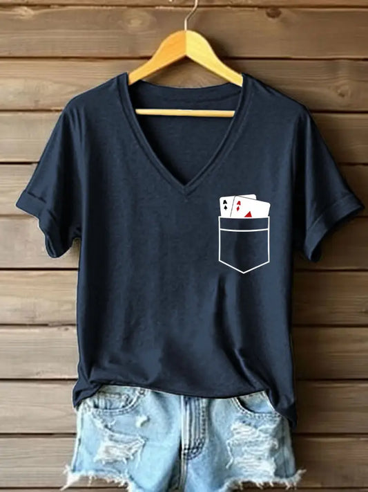 Women’s Poker Cards Art Print V-Neck T-Shirt Navy Blue / S