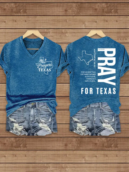 Women’s Prey For Texas Stronger Than the Storm Printed Short Sleeve T-shirt Blue / S