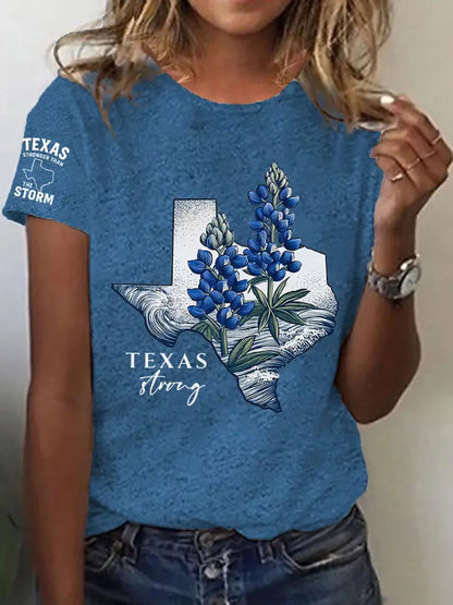 Women’s Prey For Texas Stronger Than the Storm Printed Short Sleeve T-shirt Blue / S