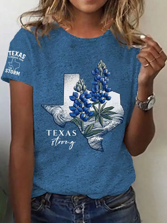 Women’s Prey For Texas Stronger Than the Storm Printed Short Sleeve T-shirt Blue / S