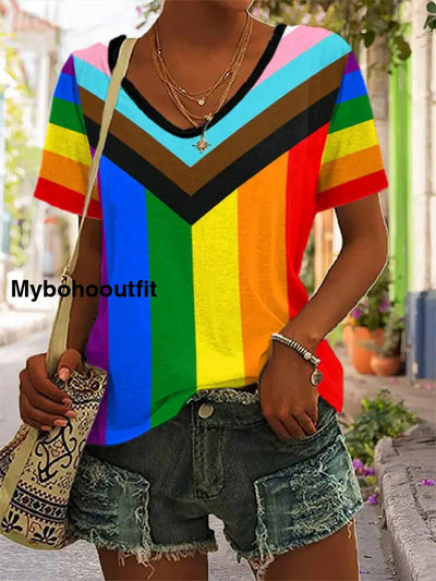 Women’s Pride Month LGBTQ + Rainbow Flag Print Casual V-Neck Tee Rainbow Colors / S