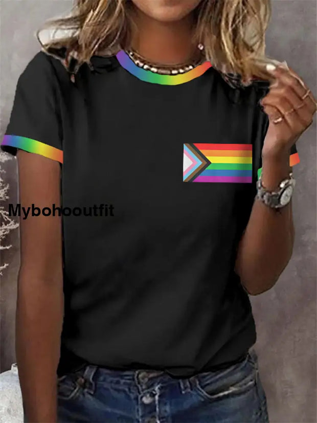 Women’s Pride Month Love Is Love Be Yourself Rainbow Print Casual Tee Black / S