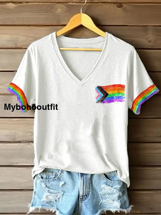 Women’s Pride Month Rainbow Flag V-Neck T-shirts White / S