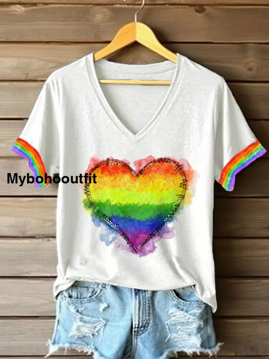 Women’s Pride Month Rainbow Heart Print V-Neck T-Shirts White / S