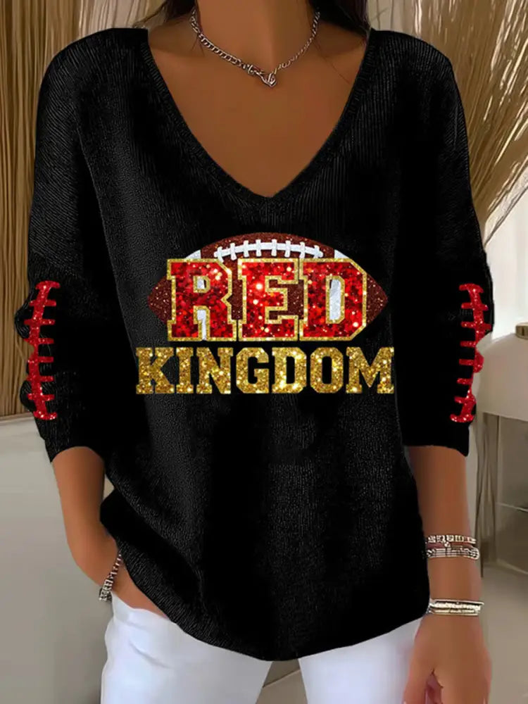 Women’s Red Kingdom Football Casual V neck Top Black / S