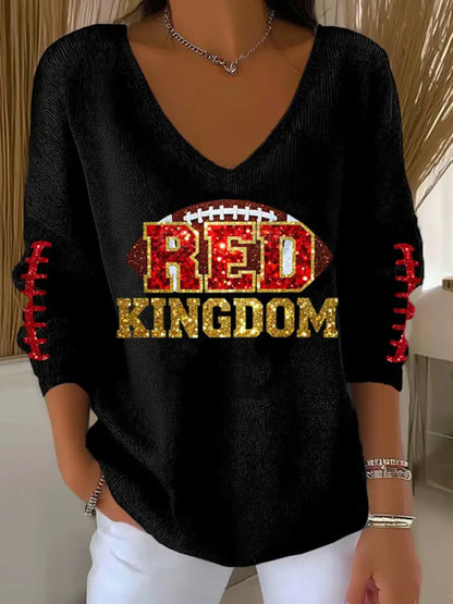 Women’s Red Kingdom Football Casual V neck Top Black / S