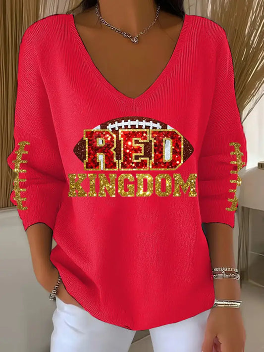 Women’s Red Kingdom Football Casual V neck Top Red / S