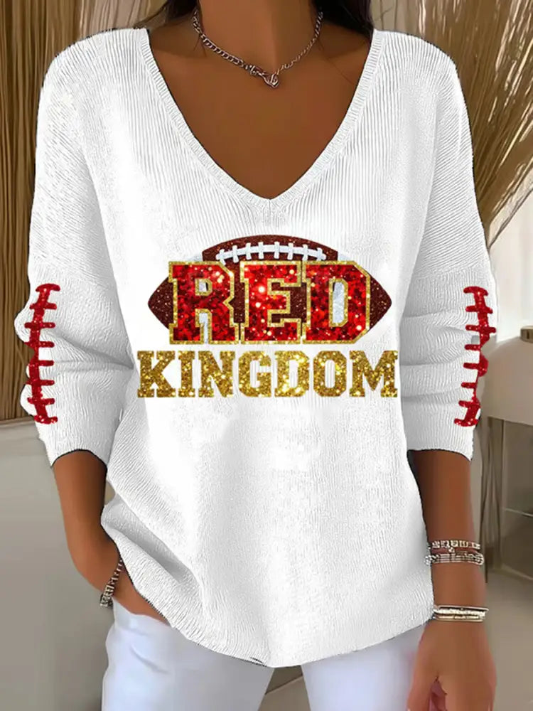Women’s Red Kingdom Football Casual V neck Top White / S
