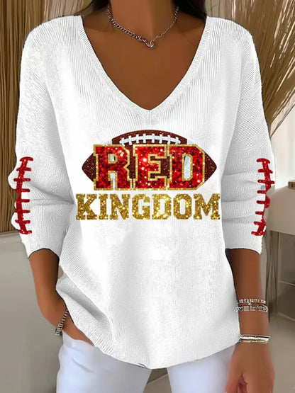 Women’s Red Kingdom Football Casual V neck Top White / S
