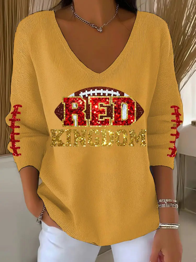 Women’s Red Kingdom Football Casual V neck Top Yellow / S