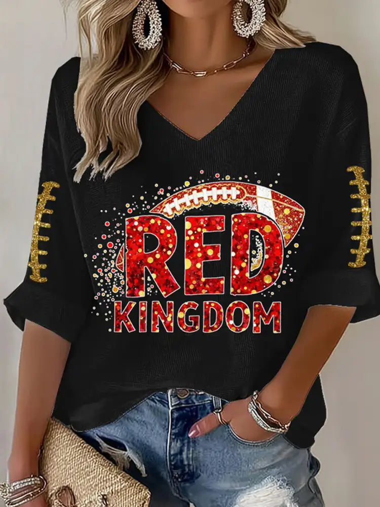 Women’s Red Kingdom Football Fans Lovers Gameday Casual V Neck Top Black / S