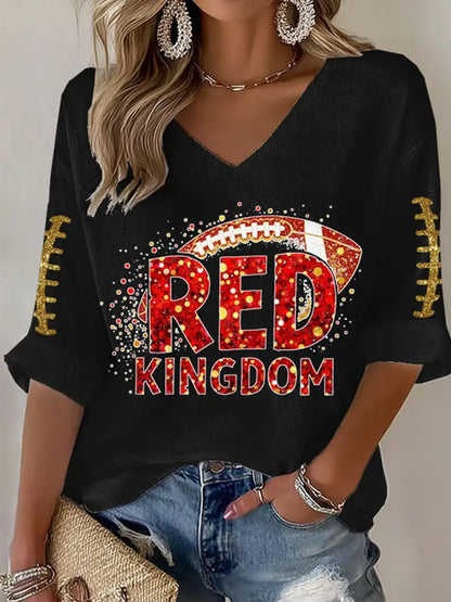 Women’s Red Kingdom Football Fans Lovers Gameday Casual V Neck Top Black / S
