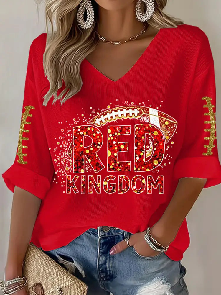 Women’s Red Kingdom Football Fans Lovers Gameday Casual V Neck Top Red / S