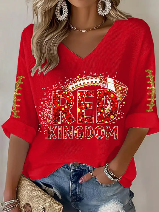 Women’s Red Kingdom Football Fans Lovers Gameday Casual V Neck Top Red / S