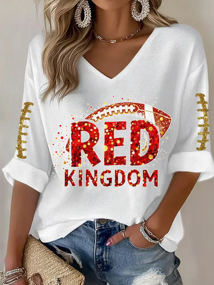 Women’s Red Kingdom Football Fans Lovers Gameday Casual V Neck Top White / S
