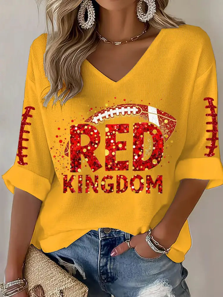 Women’s Red Kingdom Football Fans Lovers Gameday Casual V Neck Top Yellow / S