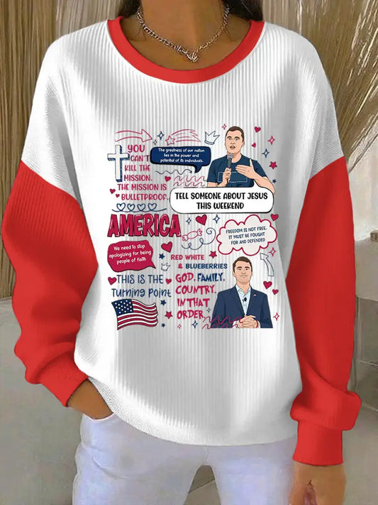 Women’s Red White and Blueberry Freedom Charlie Kirk Memorial Crew Neck Striped Sweatshirt Red / S