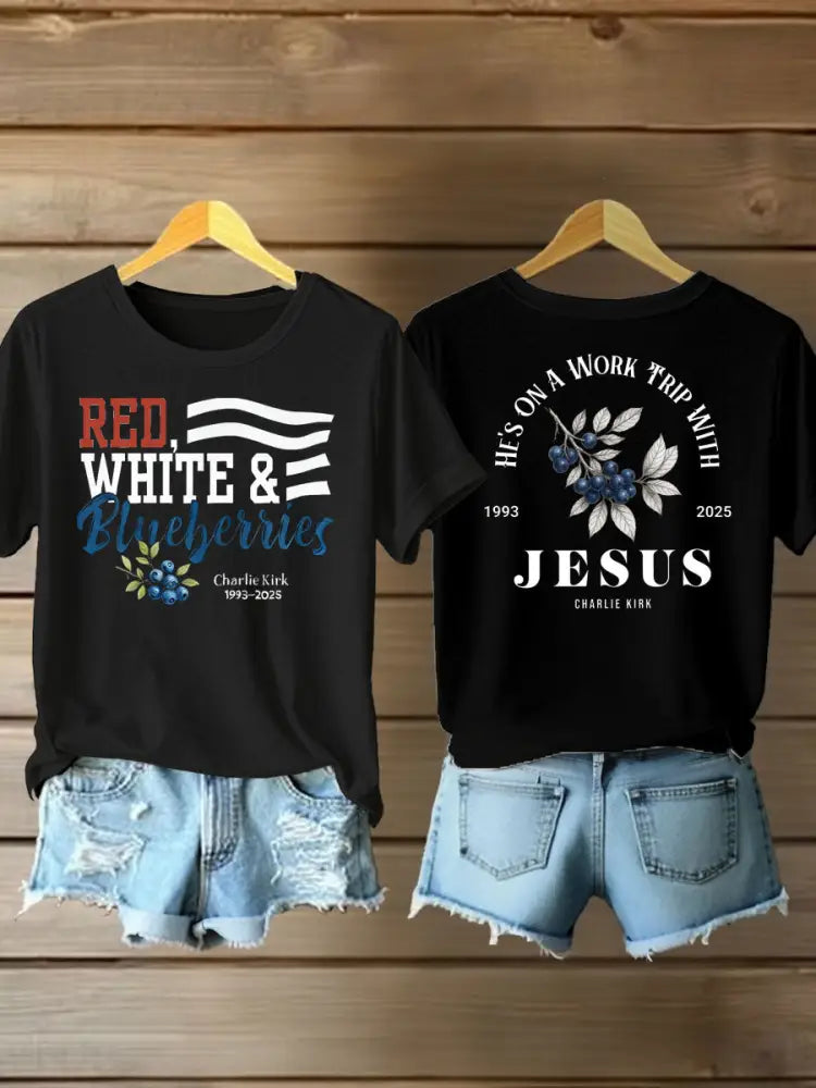 Women’s red white blueberries Printed Iron On Short Sleeve T-Shirt Black / S