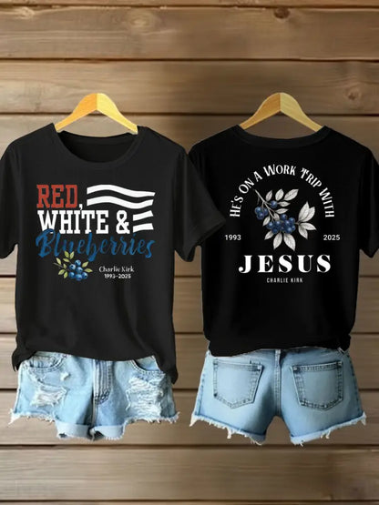 Women’s red white blueberries Printed Iron On Short Sleeve T-Shirt Black / S