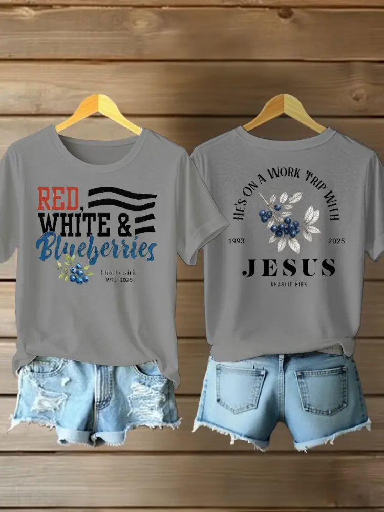 Women’s red white blueberries Printed Iron On Short Sleeve T-Shirt Light Gray / S
