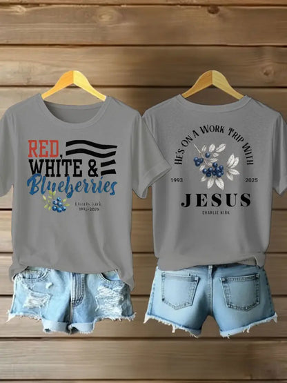 Women’s red white blueberries Printed Iron On Short Sleeve T-Shirt Light Gray / S