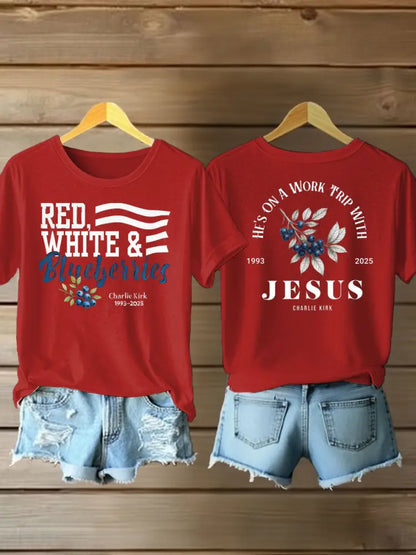 Women’s red white blueberries Printed Iron On Short Sleeve T-Shirt Red / S