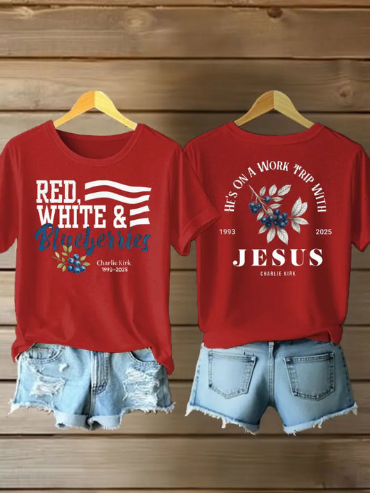 Women’s red white blueberries Printed Iron On Short Sleeve T-Shirt Red / S