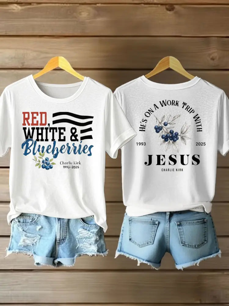 Women’s red white blueberries Printed Iron On Short Sleeve T-Shirt White / S