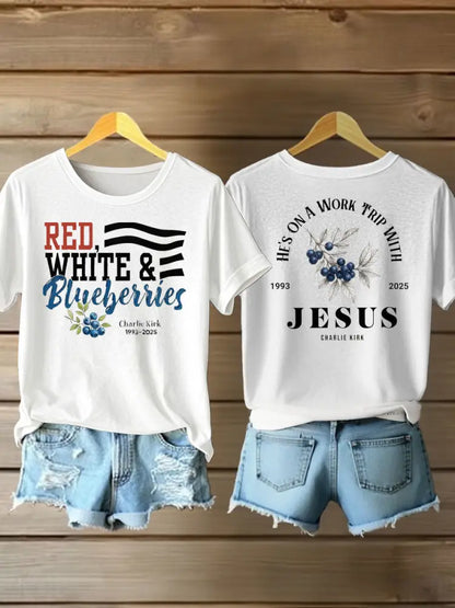Women’s red white blueberries Printed Iron On Short Sleeve T-Shirt White / S