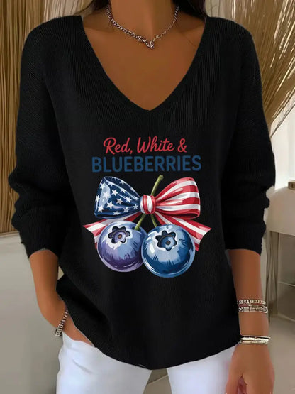 Women’s ’Red White & Blueberries’ V-neck long sleeve T-shirt Black / S