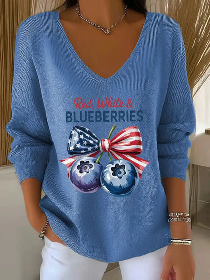 Women’s ’Red White & Blueberries’ V-neck long sleeve T-shirt Navy Blue / S