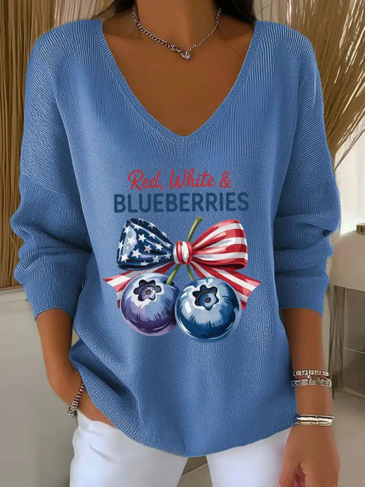 Women’s ’Red White & Blueberries’ V-neck long sleeve T-shirt Navy Blue / S