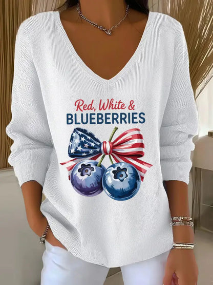 Women’s ’Red White & Blueberries’ V-neck long sleeve T-shirt White / S