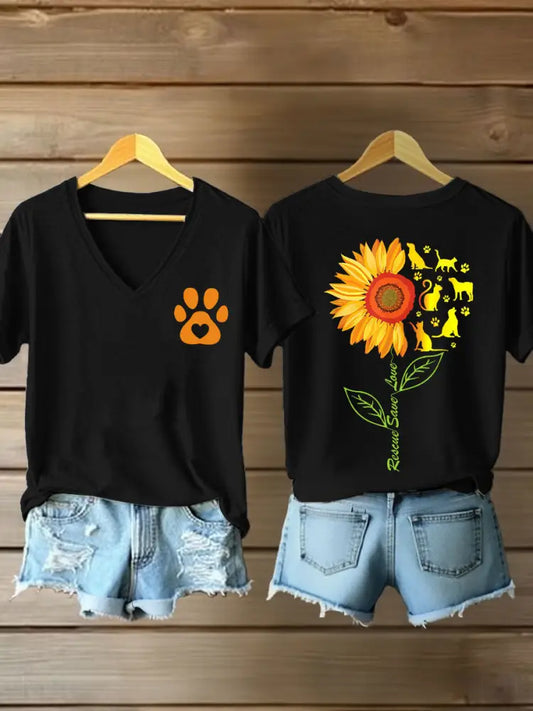Women’s rescate save love Sunflower V-neck T-shirts Black / S