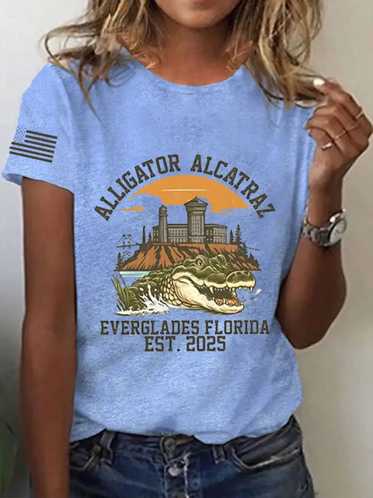 Women’s Retro Alligator Alcatraz Funny Florida Everglades Dark Humor Short Sleeve Tee Light Blue / S