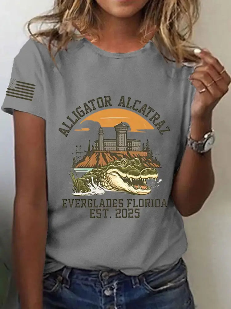 Women’s Retro Alligator Alcatraz Funny Florida Everglades Dark Humor Short Sleeve Tee Light Gray / S